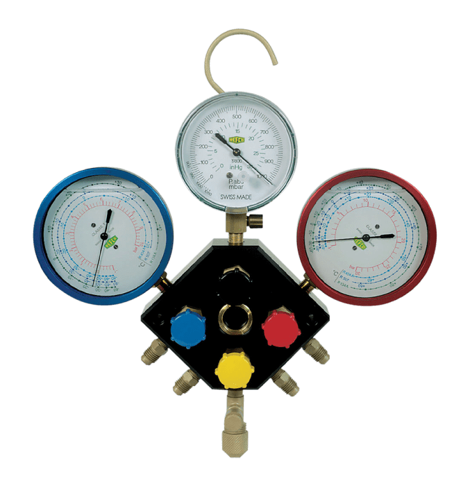 Refco 3-Weg Monteurhilfe M3-3-DELUXE-M-R134a mit ölgefüllten R5 Metallbalgmanometer - Detail 1